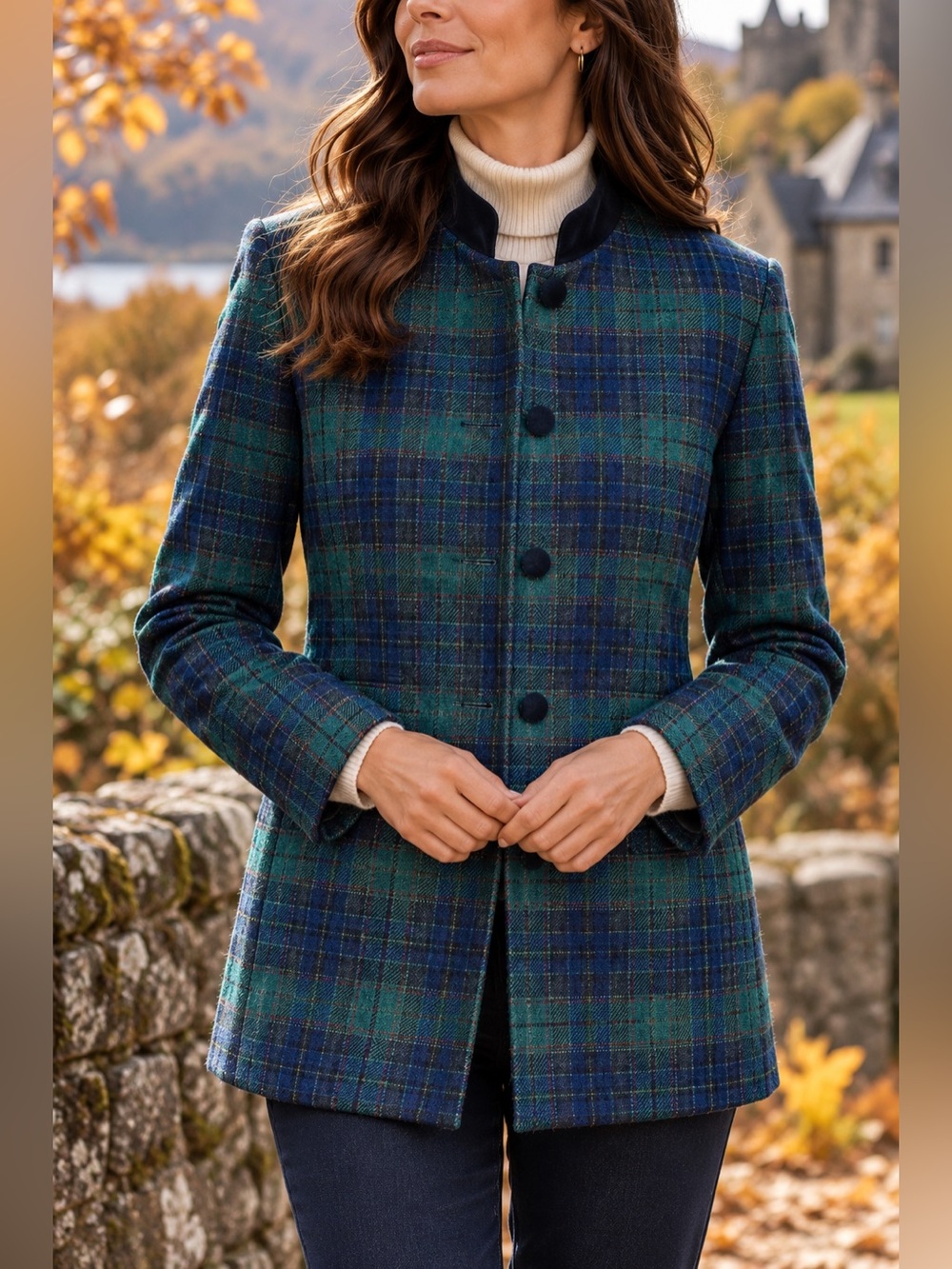 Vintage Talbots Petite 4 Plaid Wool Blend Jacket Velvet Buttons Green Tartan